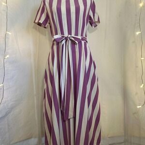 Levaca Short Sleeve Midi Dress Women's Medium Plum & White Stripes Prairiecore
